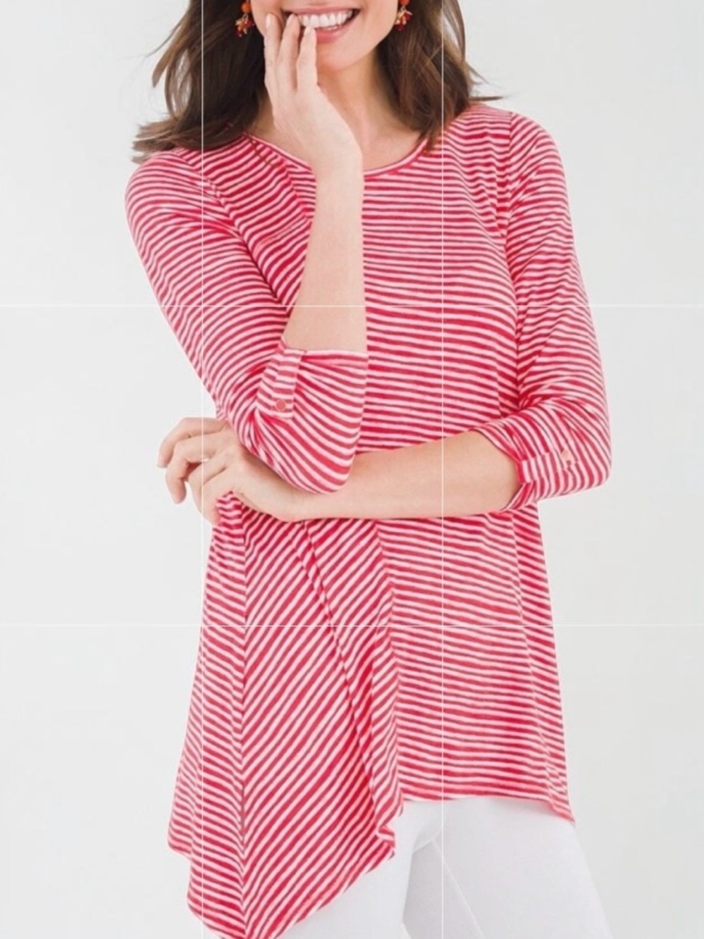 Chicos Zenergy Red & White Striped Asymmetrical Tunic Top - Size 2 (Large)